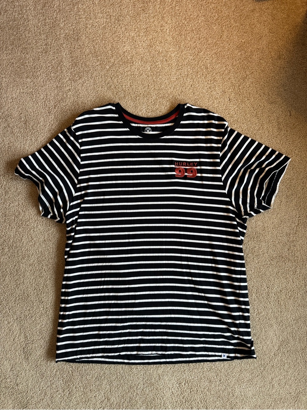 Hurley Black & White Striped Tee with Rust Orange Logo